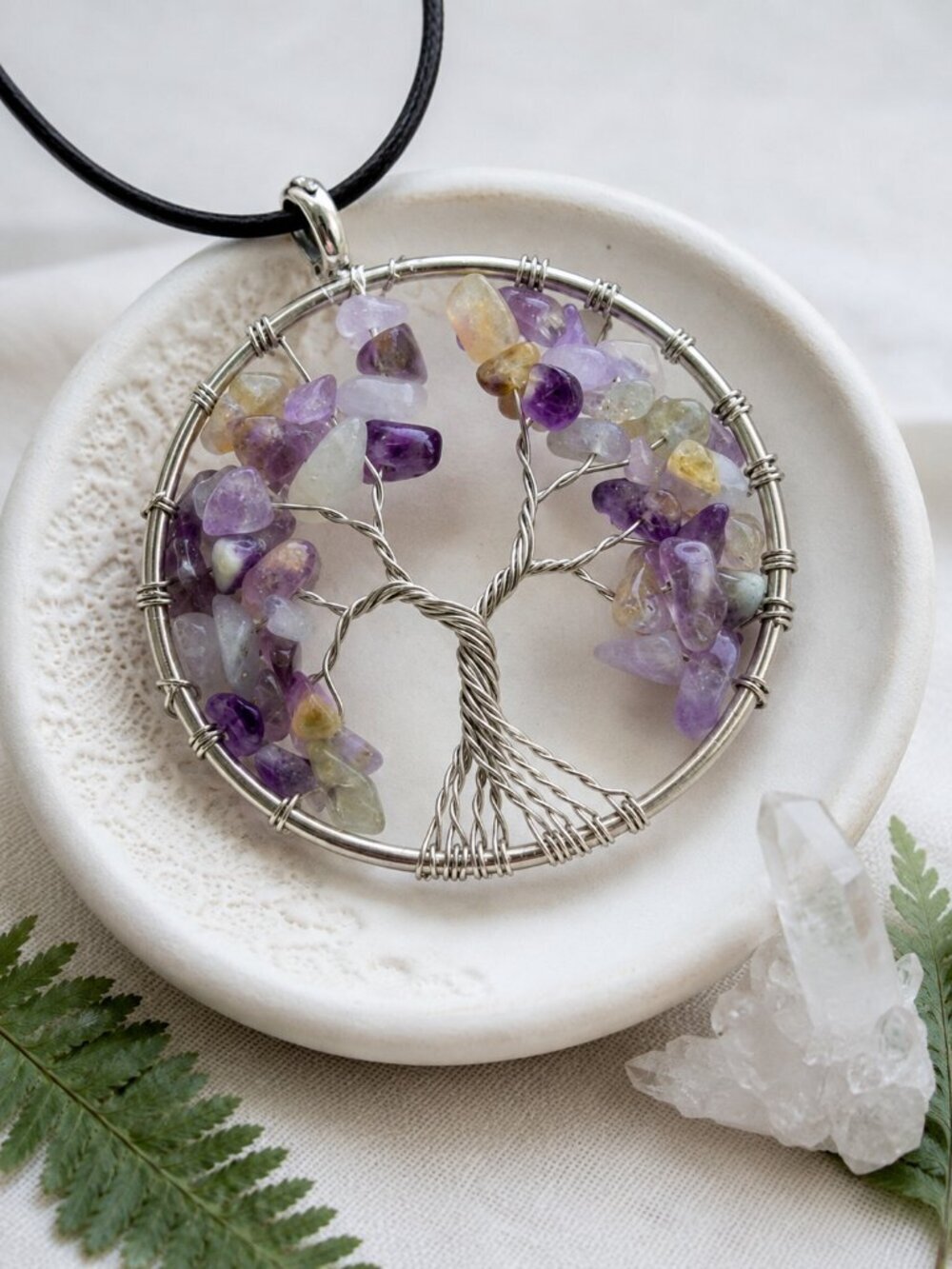 Amethyst Tree of Life Pendant Necklace Silver Plated Cottagecore Adj 17"